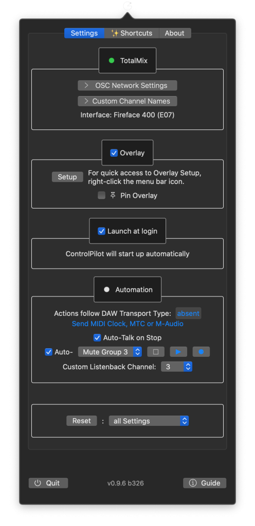 ControlPilot Popover Settings