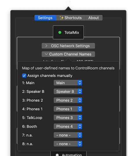 Manual assignment of channel names in ControlPilot.
