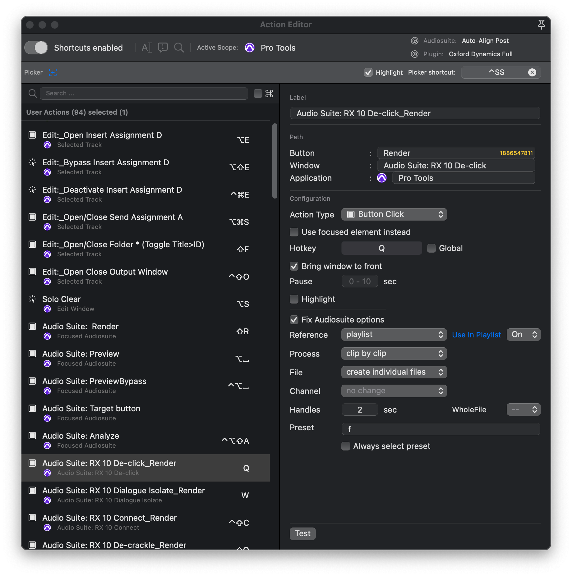 ActionEditor Example:
This is the list and detail view of User Interface action assignable to
Keyboard hotkeys for Pro Tools
